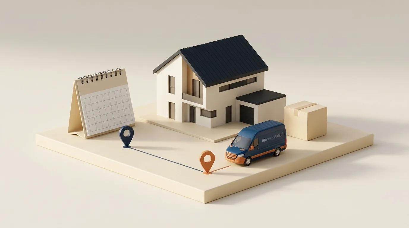 Detailgenaue Umzugsplanung – Miniaturszene mit Route und Modellhaus