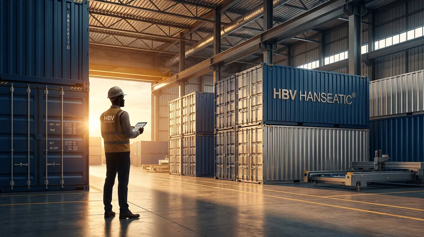 HBV Hanseatic Mitarbeiter mit Tablet in einer Containerhalle bei Sonnenaufgang.