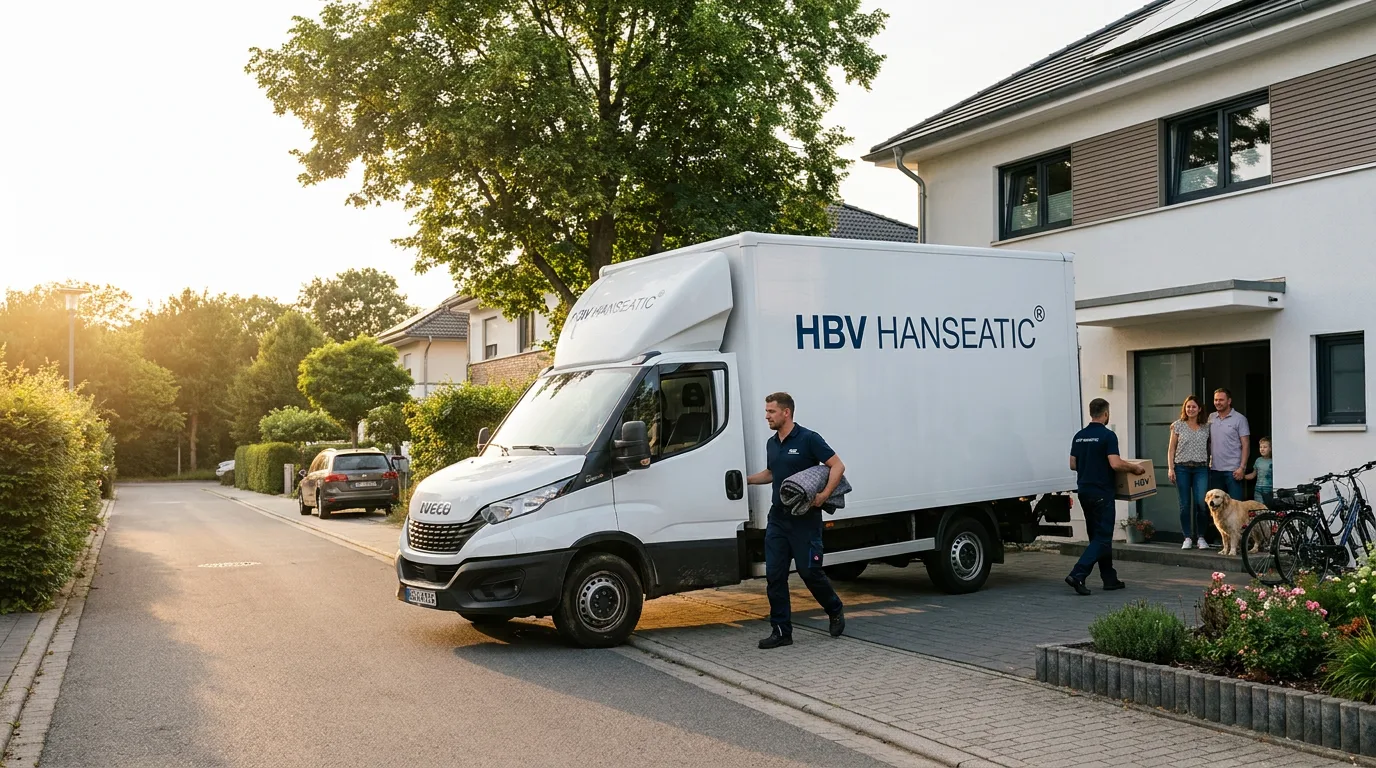 HBV Hanseatic Umzugswagen vor dem neuen Zuhause – das Team trägt Kartons, die Familie wartet mit Hund an der Haustür.